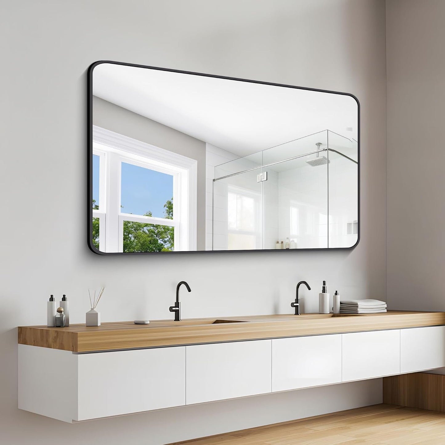 60" x 36"Bathroom Mirror, Matte Black Wall Mirror with Metal Frame, Decorative Rectangular Vanity Mirror for Bedroom Bathroom Living Room Entryway (Horizontal/Vertical)