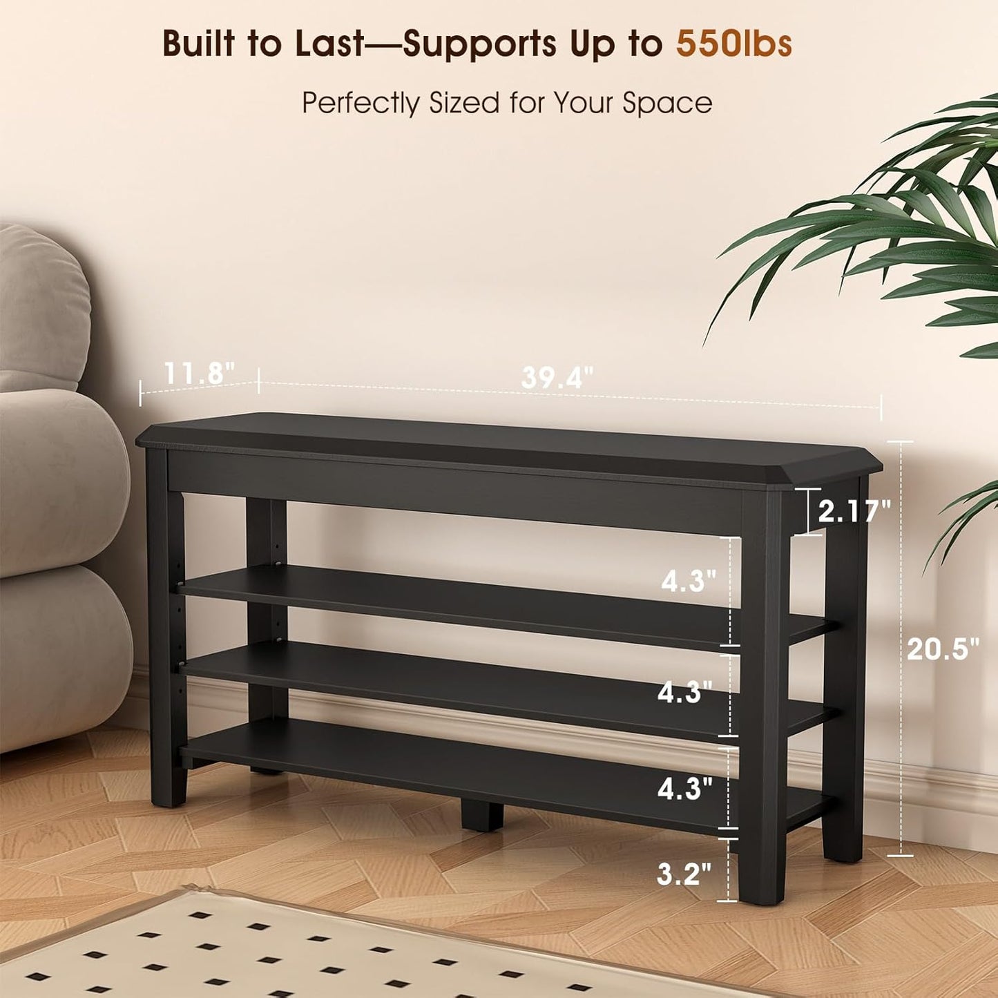 Shoe Rack Bench Seat Rubberwood 3-Tier Wooden Storage Bench 550lbs Compact Mid-Century Modern Design for Entryway, Hallway, Closet, Front Door Entrance, Foyer