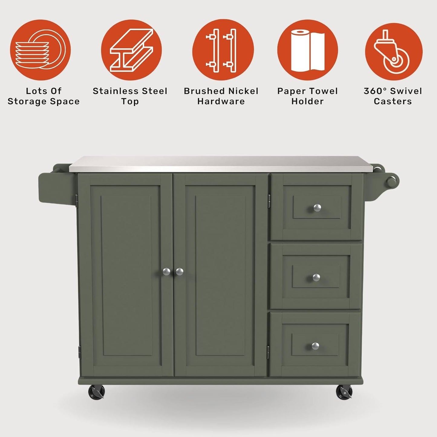 homestyles Mobile Kitchen Island Cart with Stainless Steel Top, Sage Green