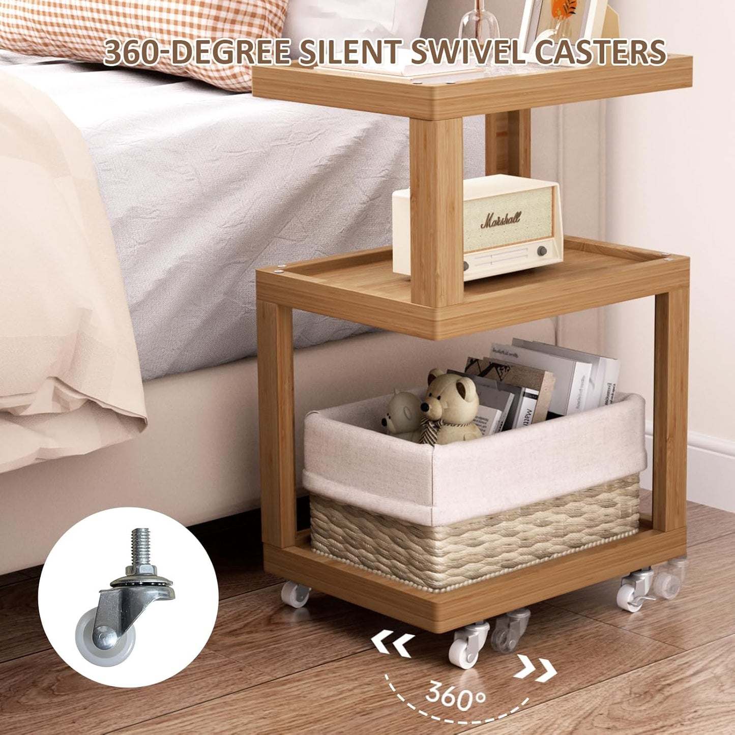 3-Tier Side Table - Walnut Geometric Design with Glass Top & Wheels, Sofa & Bedside Table for Small Spaces, Living Room & Bedroom Modern Minimalist