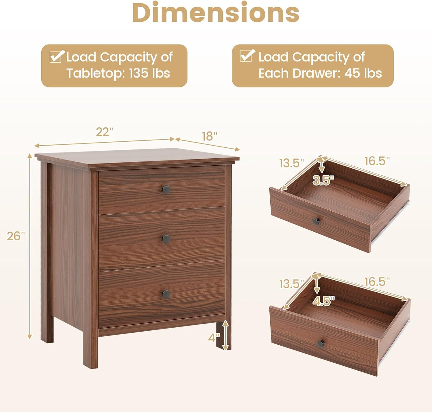 KOMFOTT 3 Drawers Nightstand, Wooden Bedside Table, Modern Sofa Side End Table, Space-Saving Telephone Table, Chest of Drawers for Living Room, Bedroom & Office (1, Walnut)