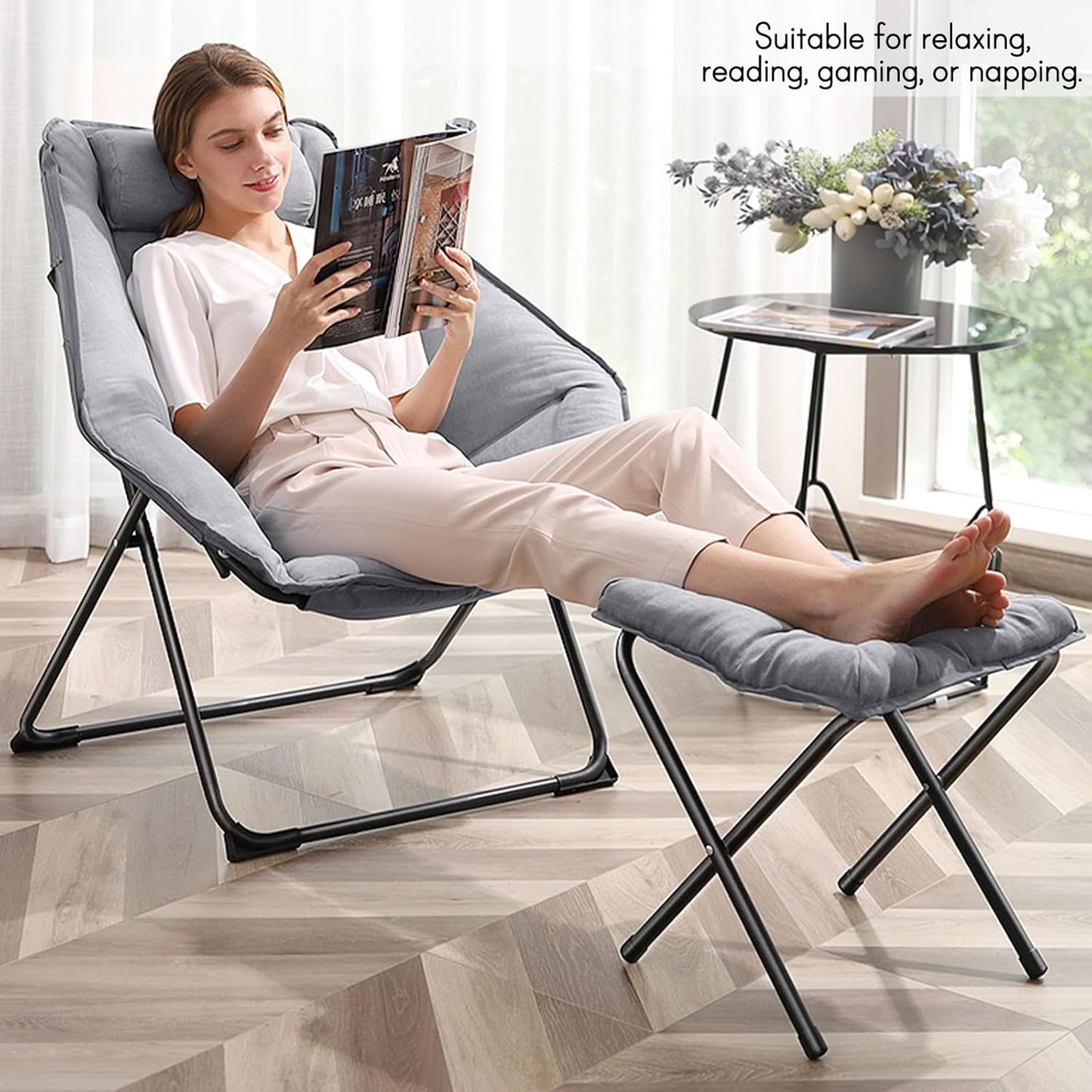 Hexagon Foldable Living Room Chair, Saucer Chair for Adults, Comfy Bedroom Lounge Chair, Moon Chair, Lazy Folding Chair for Dorm Rooms (Ottoman-Grey)