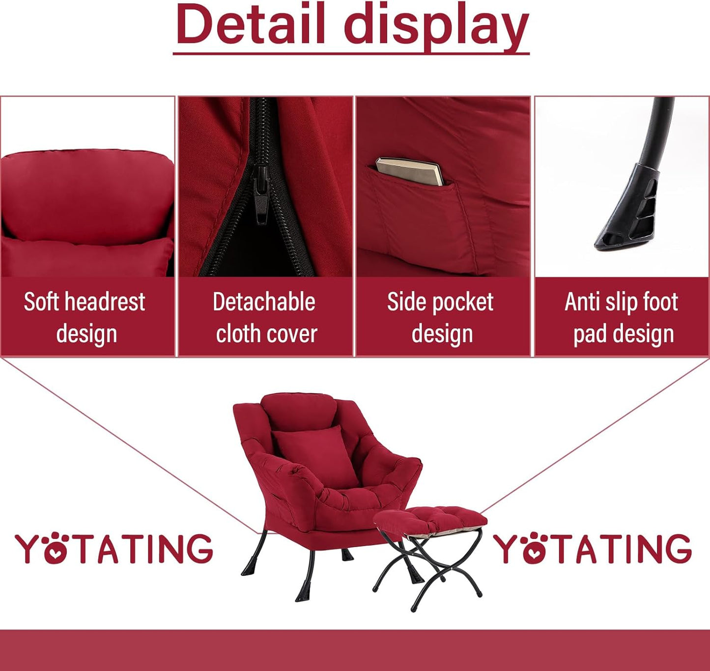 Lazy Chair with Ottoman, Comfy Reading Lounge Chair with Footstool & Throw Pillow Modern with Armrests & Side Pocket for Living Room, Bedroom, Dorm Room, Burgundy