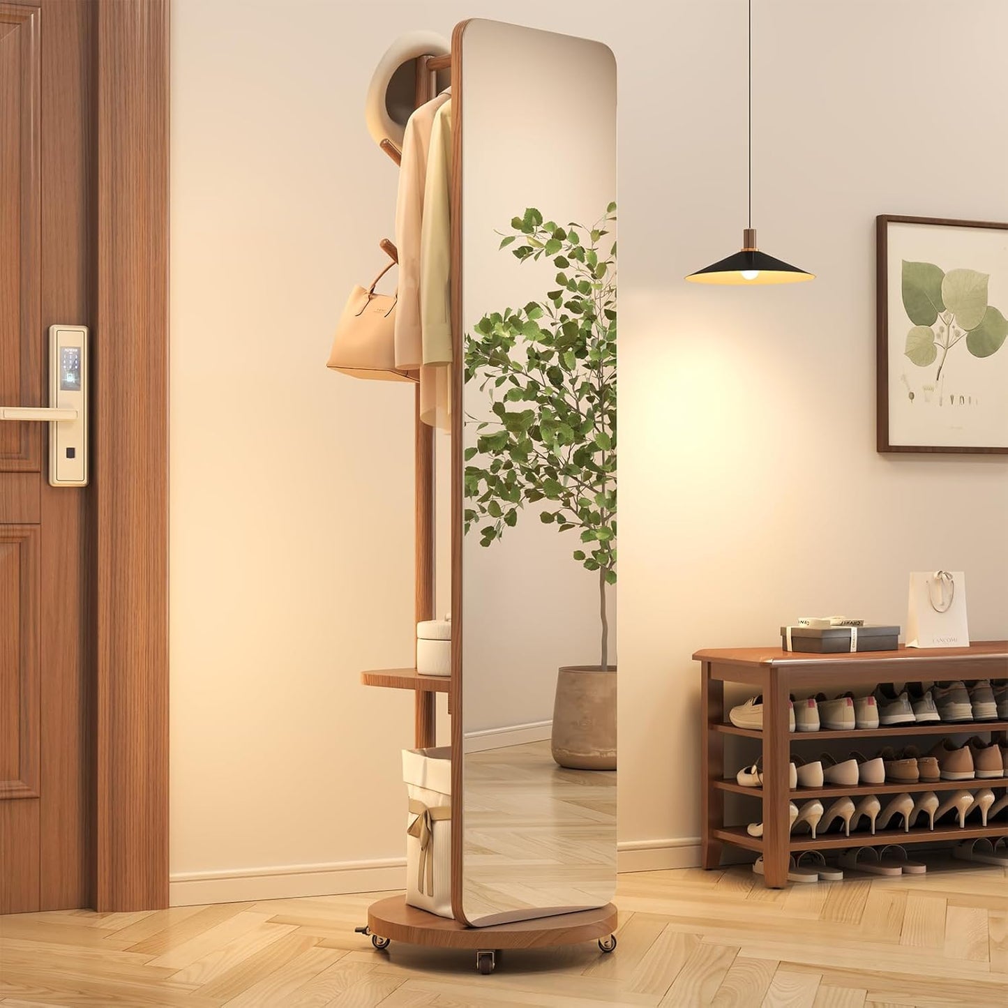 70"x16"Full Length Mirror with Stand,Coat Rack with Mirror,Solid Wood Floor Mirror,Swivel Mirrorfor Bedroom, Living Room, Cloakroom