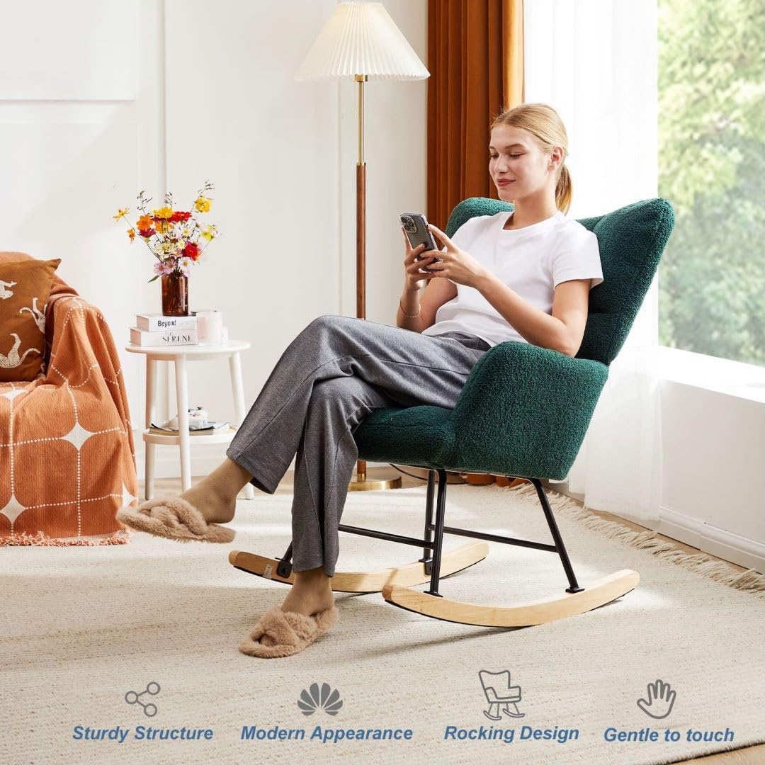 Nursery Rocking Chair, Boho Accent Ottoman, Teddy Upholstered Glider Rocker with High Backrest, Recliner Function and Foot Rest for Living Room, Small Spaces, Bedroom, Green