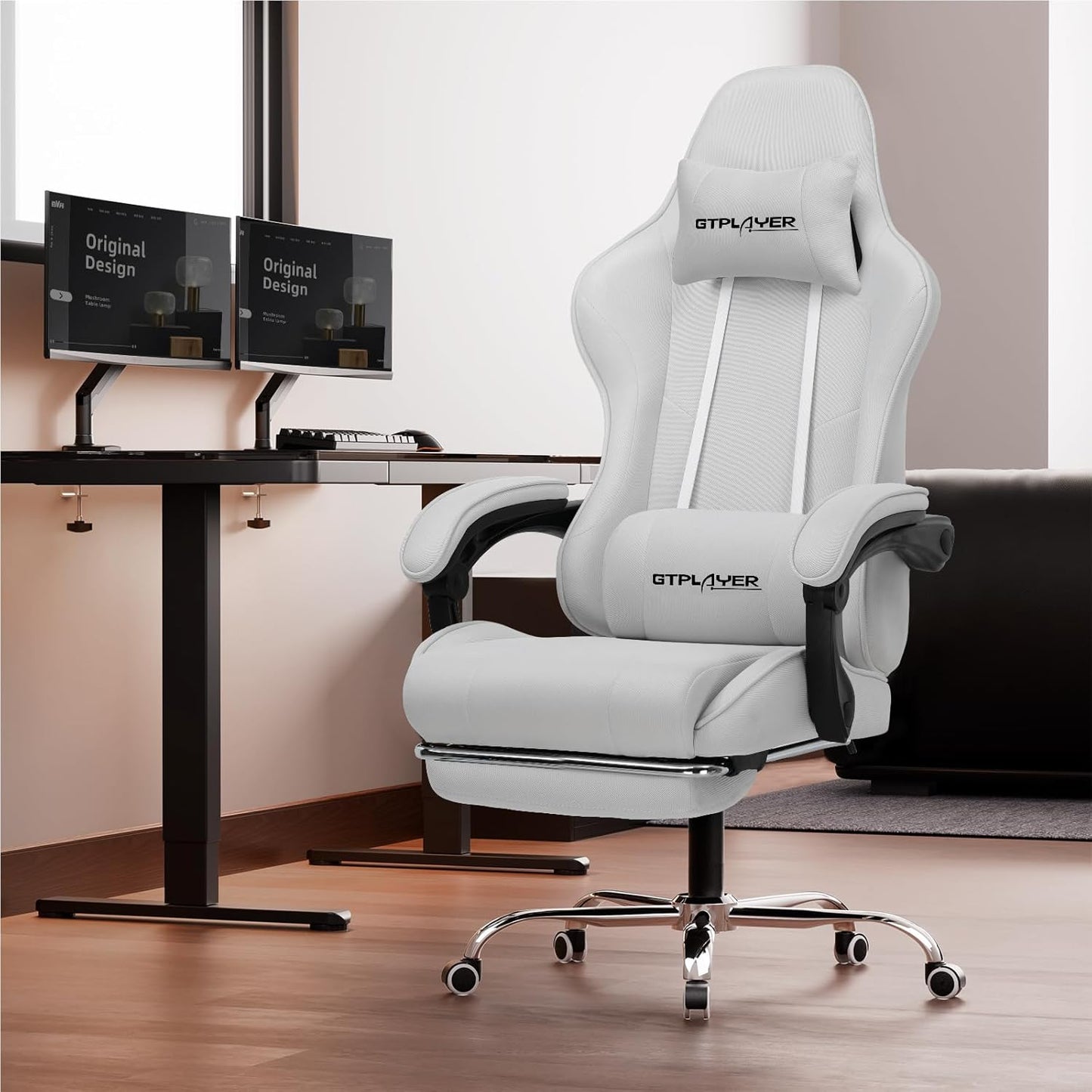 GTPLAYER Gaming Chair with Footrest, Computer Chair with and Lumbar Support, Height Adjustable Game Chair with 360°-Swivel Seat and Headrest and for Office or Gaming (All Light Gray-Fabric)