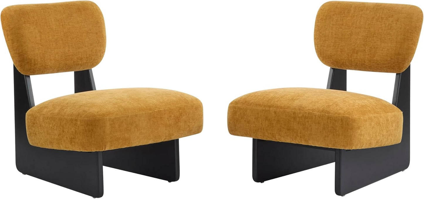 Christopher Knight Home Mores Low Profile Accent Chair Set of 2, Modern Living Room Armless Lounge Chair, Fabric Comfy Reading Chair for Bedroom, Wooden Frame and Thick Padded Seat, Black+Tumeric