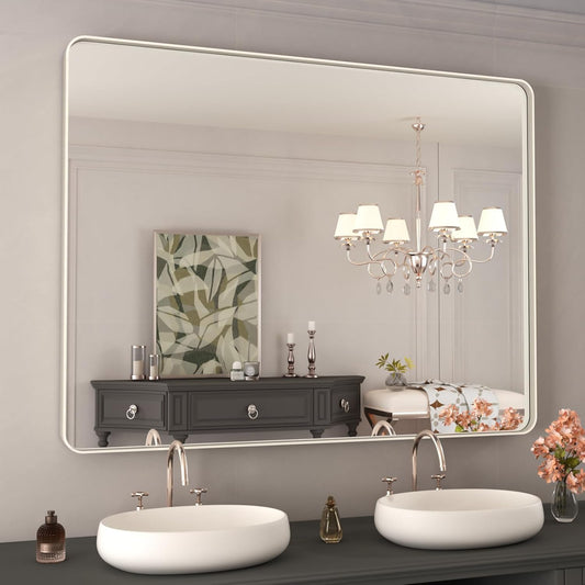 WEER 40X30 Inch Brushed Nickel Bathroom Mirror, Brushed Silver Metal Frame Mirror, Rounded Rectangle Silver Bathroom Vanity Mirror, Tempered Glass, Anti-Rust, Hangs Horizontally or Vertically
