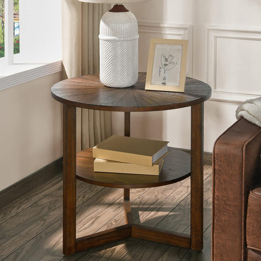 Large Round End Table with Storage Shelf, 25.2" Dia Rustic Beside Tables with Umbrella Top, Traditional Circular Sofa Side Table-,Telephone Table for Living Room Easy Assembly, Vintage Brown CJZ3338NC