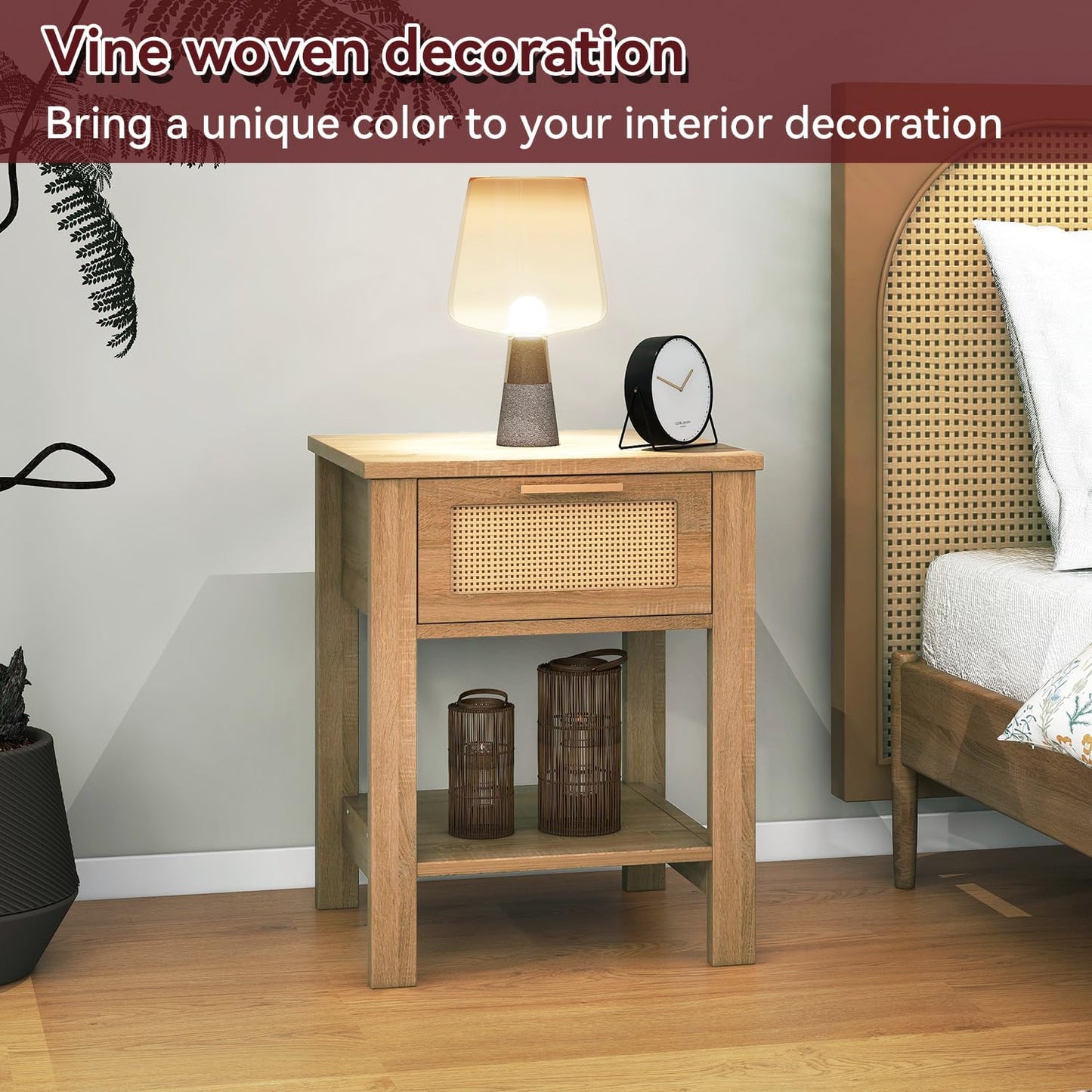 IBUYKE Rattan Nightstand, Boho Night Stand with Drawer, Wood Bedside Tables with Storage Shelf, End Table with Legs for Bedroom, Natural UWNS011N