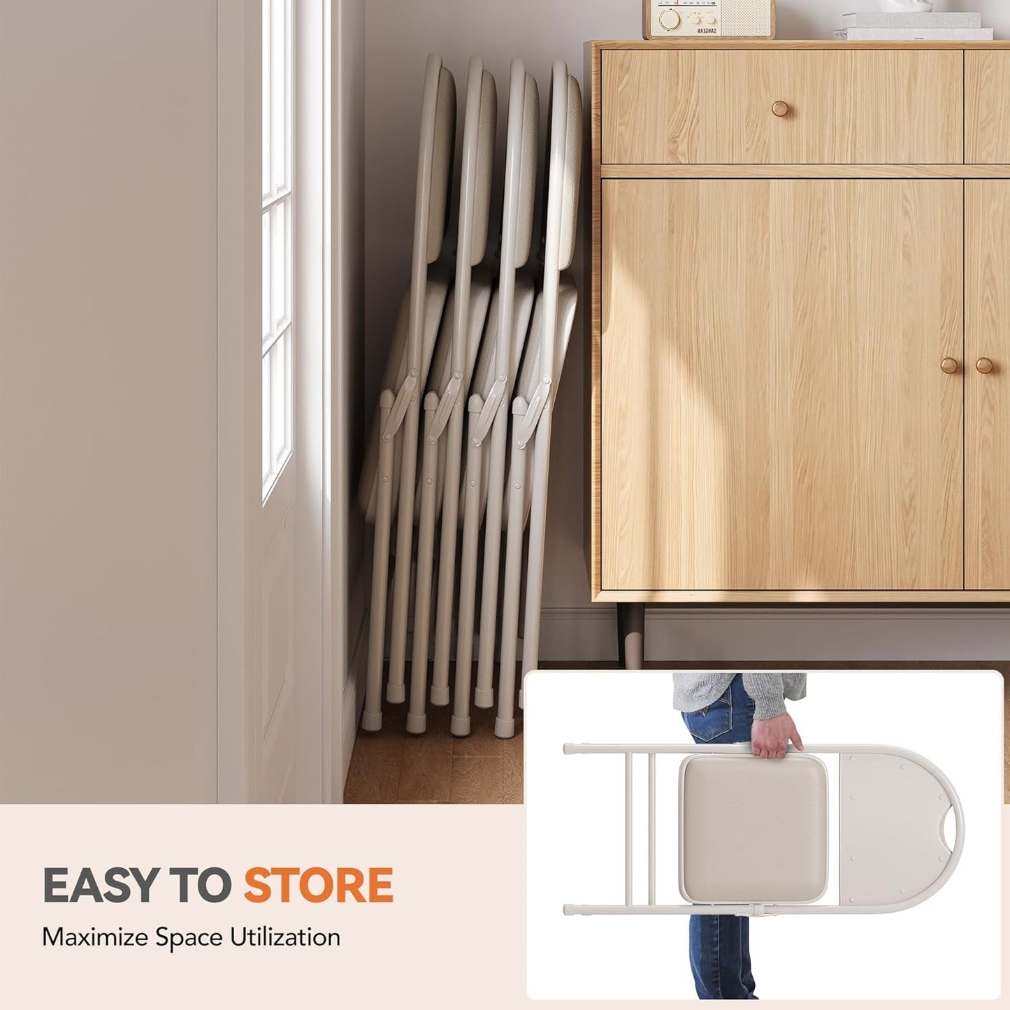 GarveeHome 4 Pack Folding Chairs with PU Leather Padded Cushion and Back, Metal Foldable Chair for Indoor Outdoor, Commercial Stackable Guest Chairs for Camping, Dining Room, Office, Party, Beige