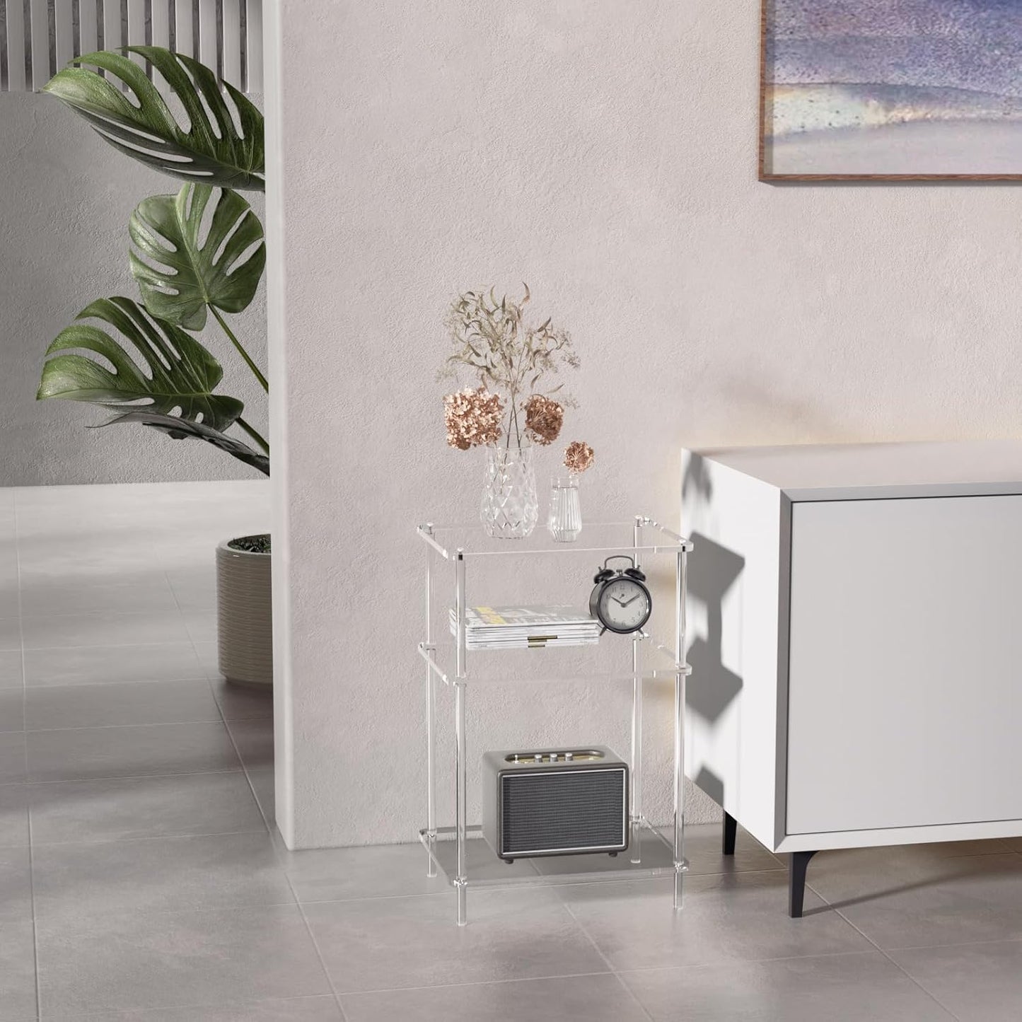 Acrylic Side Tables with 3 Shelve,Bedside Table Clear Nightstand for Bedroom Modern End Table for Living Room, Sofa Table, Side Table 15.7" L x11.8 Wx 23.6" H