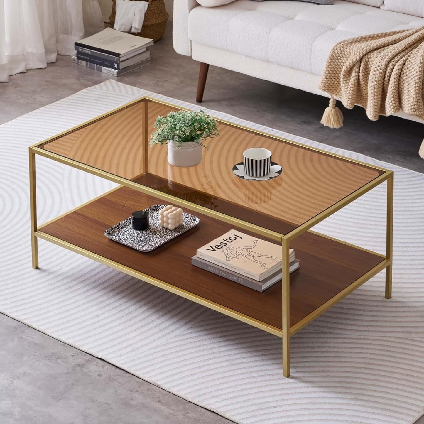 Glass Coffee Table for Living Room and Bedroom, 2-Tier Mid-Century Modern Table with Amber Tempered Glass Top and Walnut Finish Wood Shelf, Metal Legs with Gold Finish