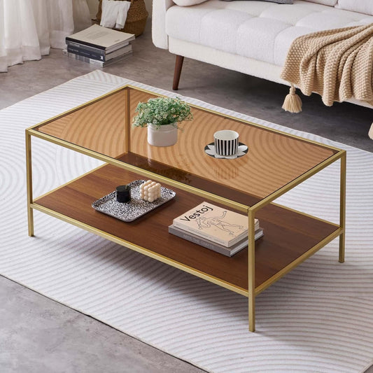 Glass Coffee Table for Living Room and Bedroom, 2-Tier Mid-Century Modern Table with Amber Tempered Glass Top and Walnut Finish Wood Shelf, Metal Legs with Gold Finish