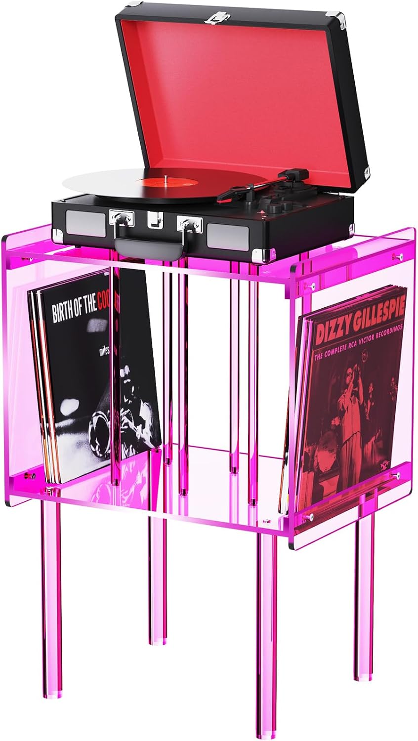 Acrylic Record Player Stand, with Vinyl Storage, Clear Acrylic Side Table, Pink (Pink)