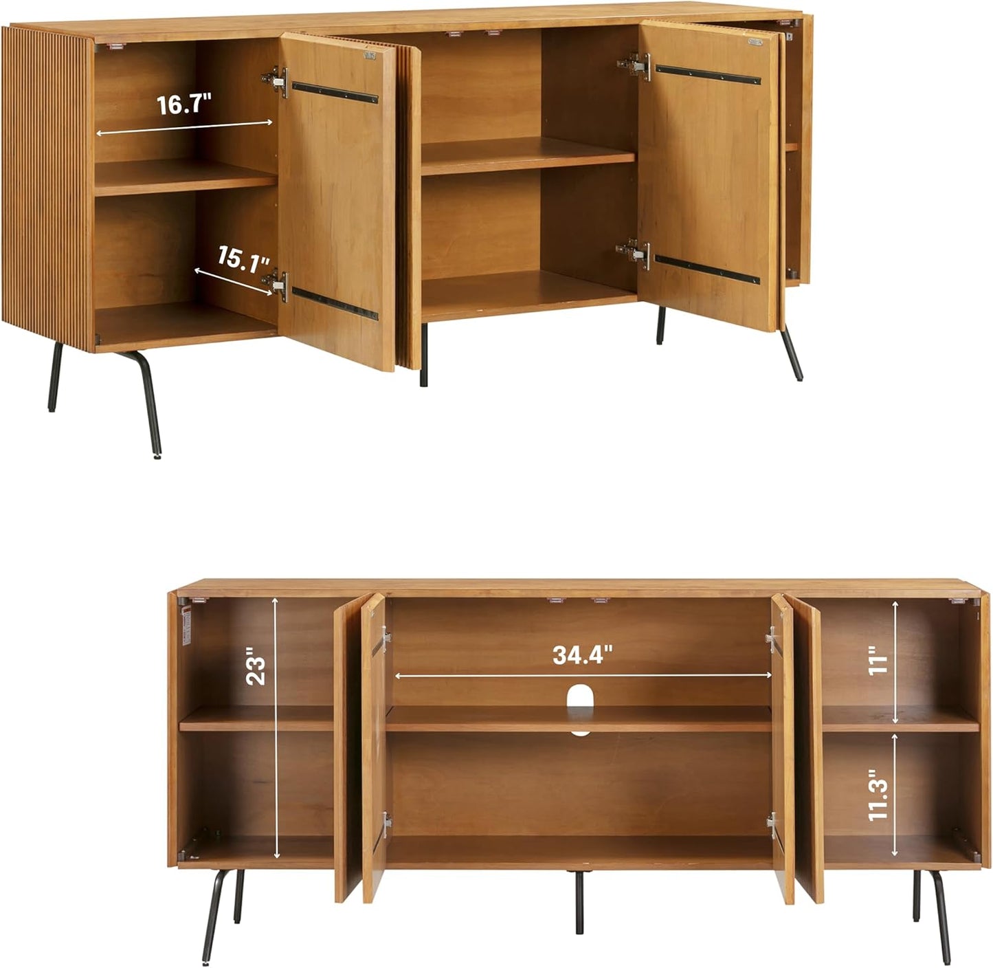 NTC Veil Modern Sideboard with 4 Doors, Buffet Cabinet with Vertical Groove Design and Metal Legs, Storage Cabinet for Living Room, and Hallway, Effortless Assembly, Teak Look