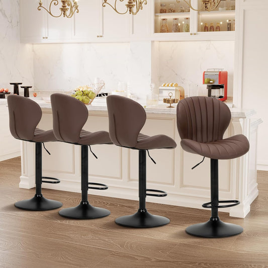 COLAMY Bar Stools Set of 4, Modern Swivel Bar Chairs, Adjustable Faux Leather Upholstered Barstools Counter Height with High Backrest for Bar, Kitchen Island, Dining Room, Brown