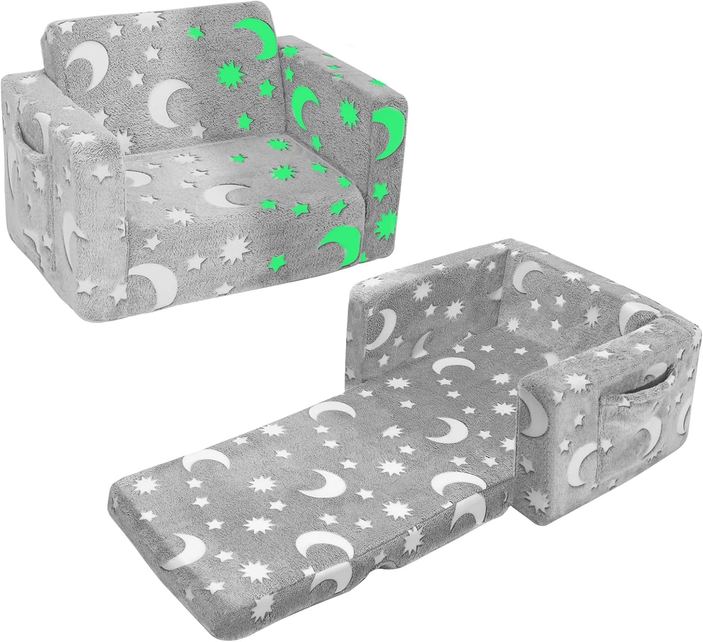 SLIGUY Toddler Couch, Toddler Chair. Kids Couch, Baby Couch, Couch for Kids, Toddler Convertible to Lounger Pull Out Couch, Glow in The Dark Sofa Chair for Boys Medium