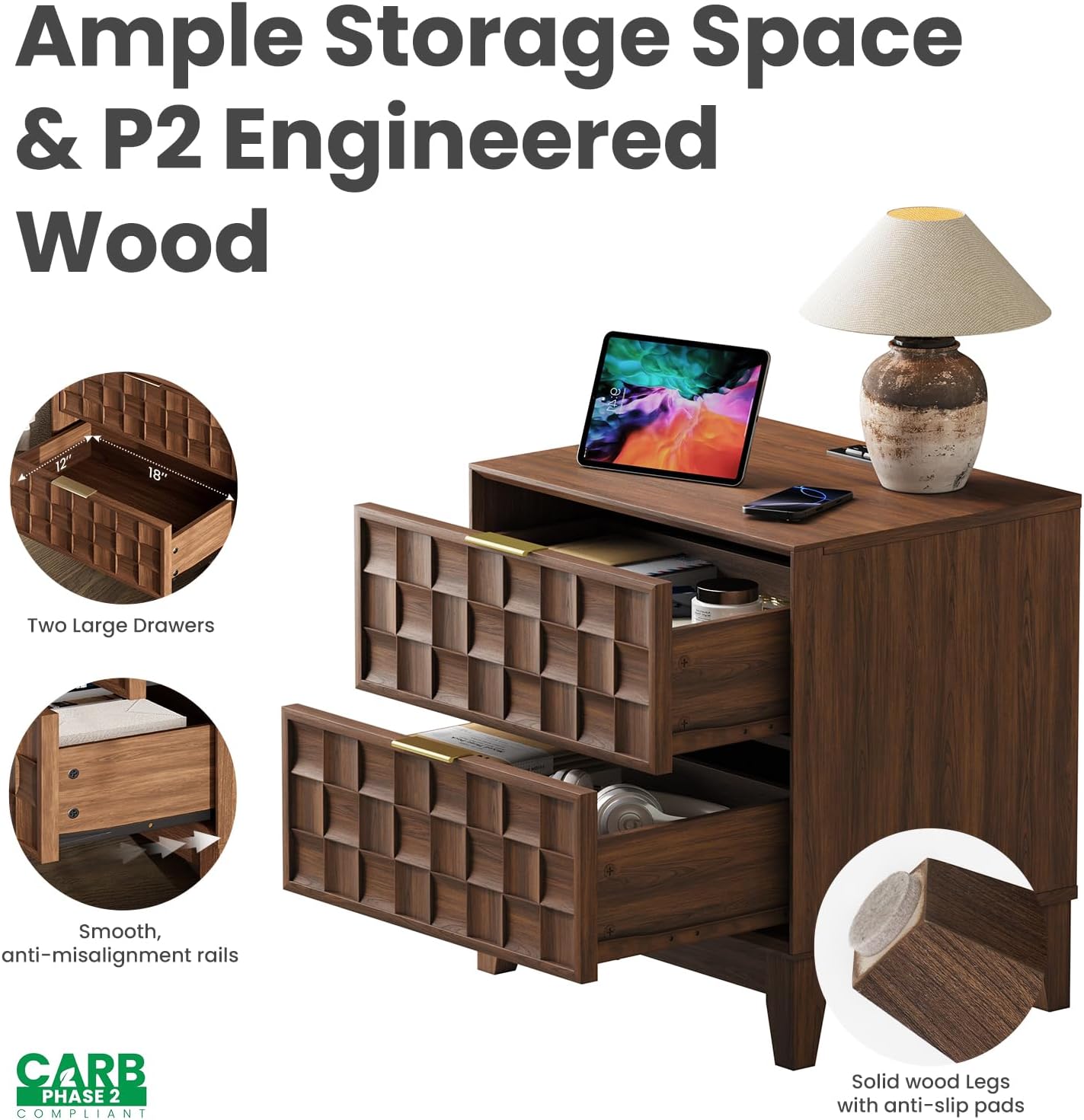 COLAMY Nightstand with Charging Station, 22" Modern Bed Side Table with 2 Storage Drawers and Chessboard Relieffor Bedroom, Dorm and Small Spaces - Walnut