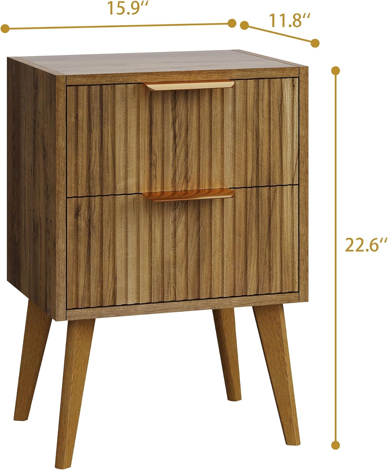 Fluted Nightstand with 2 Drawers,Modern Bedside Table with Metal Handles,White Side Table with Solid Wood Legs,Mid Century End Table for Living Room,Bedroom,Caramel Oak CTG55BR