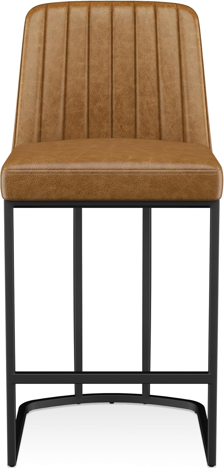 Bar Stools Set of 4, Faux Leather Counter Height Barstools, Upholstered Kitchen Counter Stools with Back and Stitching, 25.6" H Kitchen Island Stools Bar Chair, Metal Framed, Whisky Brown