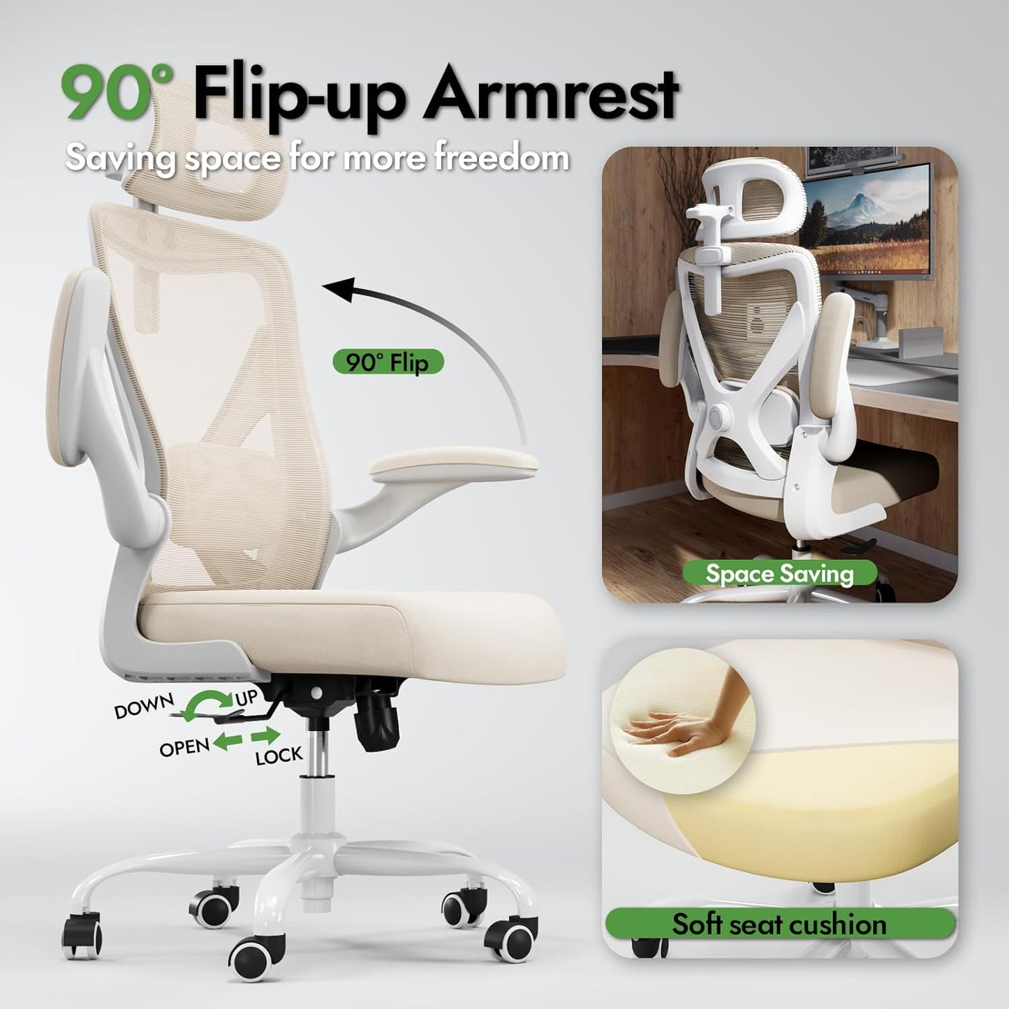 Ergonomic Office Chair - X-Shaped Computer Desk Chair Comfy, Gaming Chair, Office Chair with Lumbar Support, Mesh Office Chairs with Headrests, Desk Chair for Long Hours (White Beige)