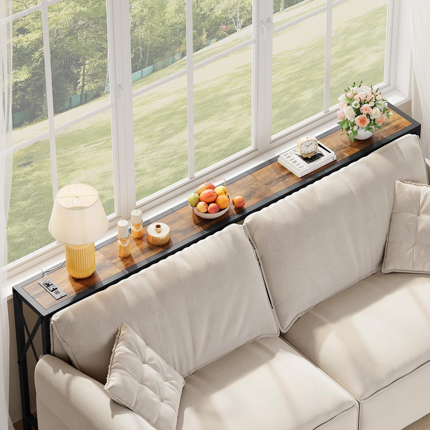 70 in Skinny Sofa Table Behind Couch, Console Table with Oulets & USB Ports for Hallway, Entryway,Living Room, Bedroom, Rustic Brown