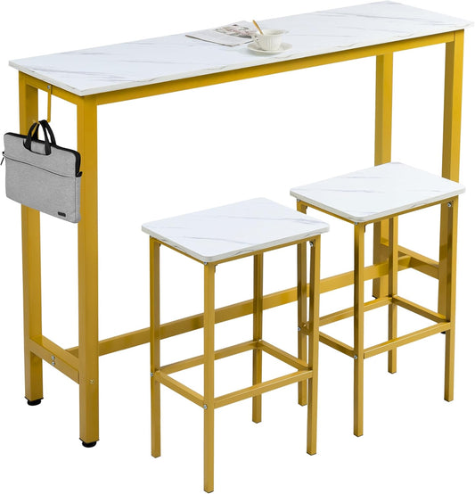 Finnhomy 52.7" Industrial Bar Table Set with 2 Stools - Counter Height Dining & Pub Table for Small Spaces, Kitchen, Apartment, Nook - Metal & Wood, Space-Saving Furniture - White Marble and Gold