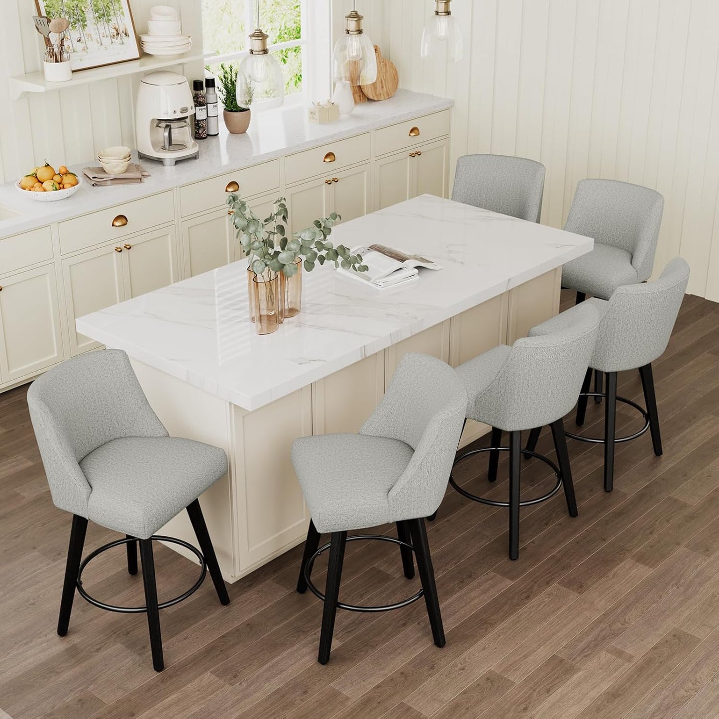 Vipbear Swivel Counter Height Bar Stools Set of 6,26.8" H Counter Stools with Back, Mid Century Modern Bar Stools for Kitchen Island,Linen Fabric,Wooden Base, Light Gray