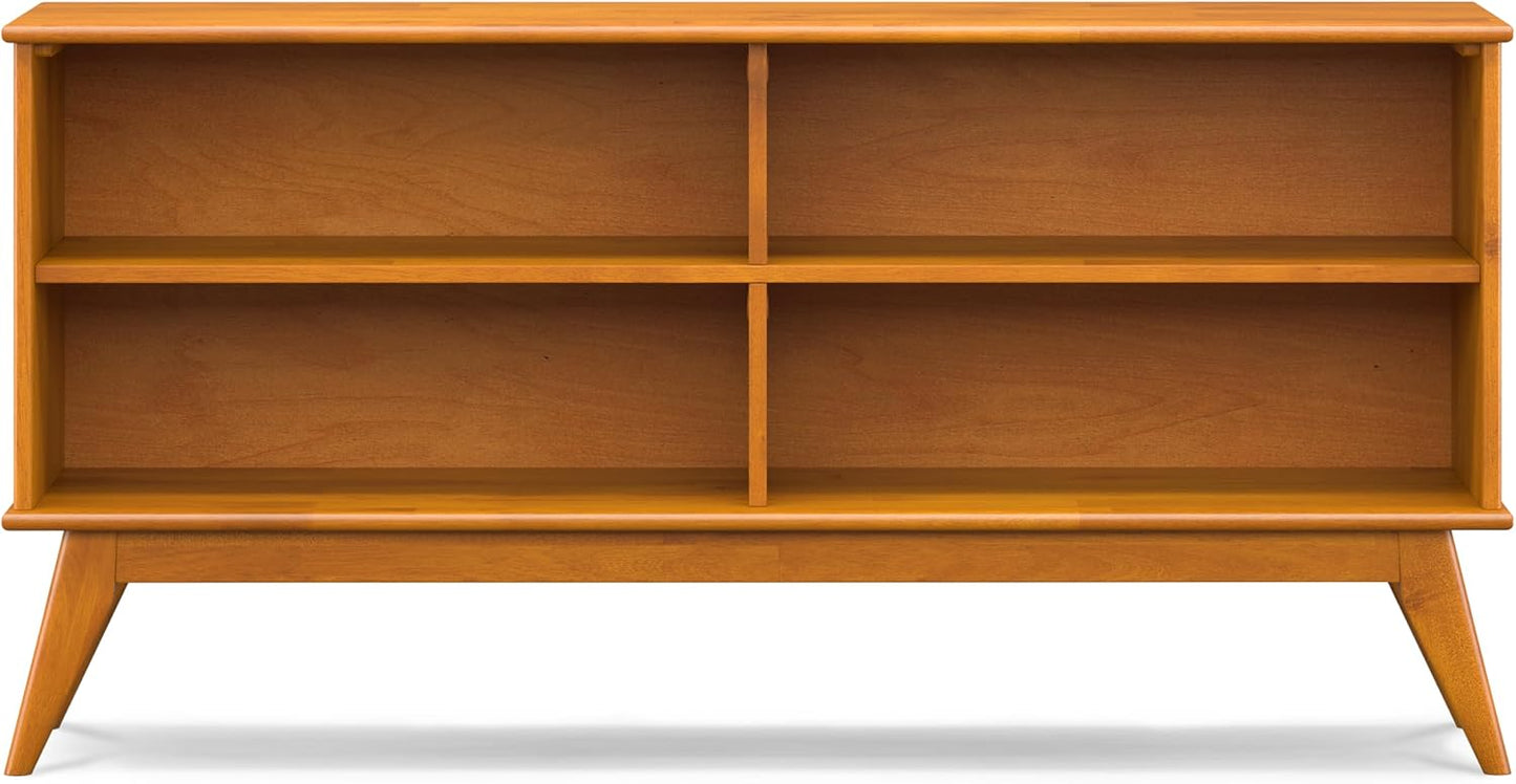 SIMPLIHOME Draper Bookcase - 30 inch Tall Solid Hardwood Low Bookshelf in Teak Brown, Mid-Century Modern Storage for Living Room, Study Room or Office with Tapered Legs and Wide Open Shelves