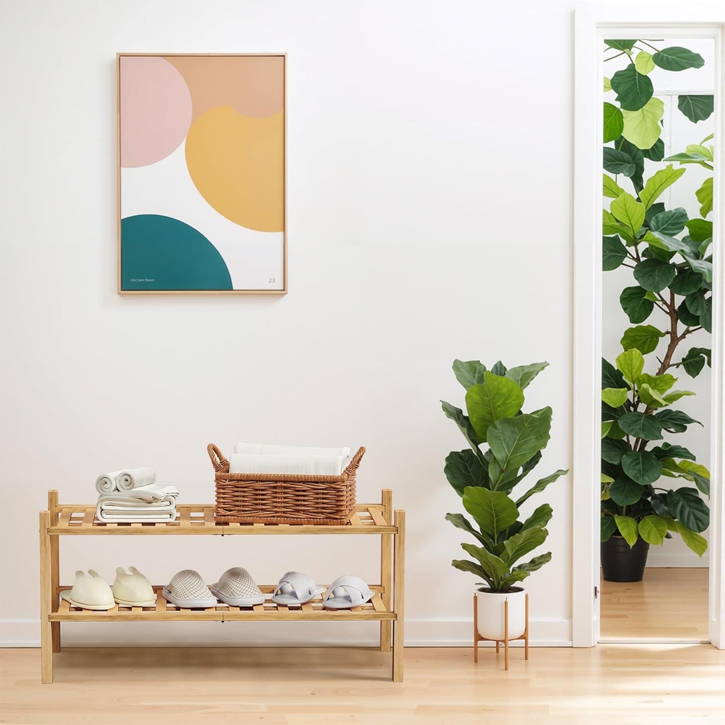 Haddockway 2 Tier Bamboo Shoe Rack Storage Organizer, Multifunctional Free Standing Stackable Shoe Shelf with Grid Panel for Closet,Hallway,Entryway,Small Space 27"x11"x13" (Natural, 2 Tier)