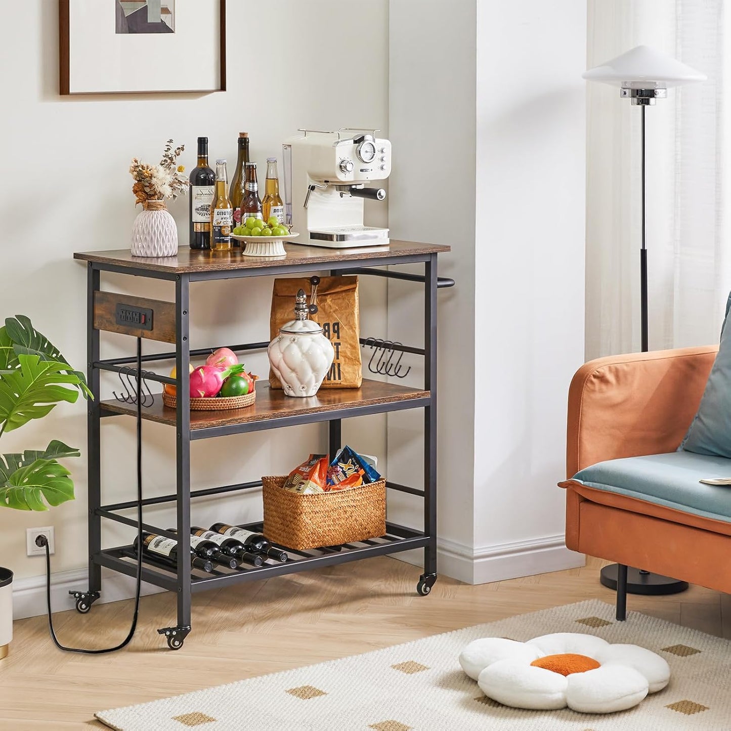 IBUYKE Kitchen Island with 3 Shelves, Island Table for Kitchen with Power Outlet,Kitchen Cart with Large Worktop,Rolling Bar Cart for Home, Outdoor, Kitchen TMJ024H