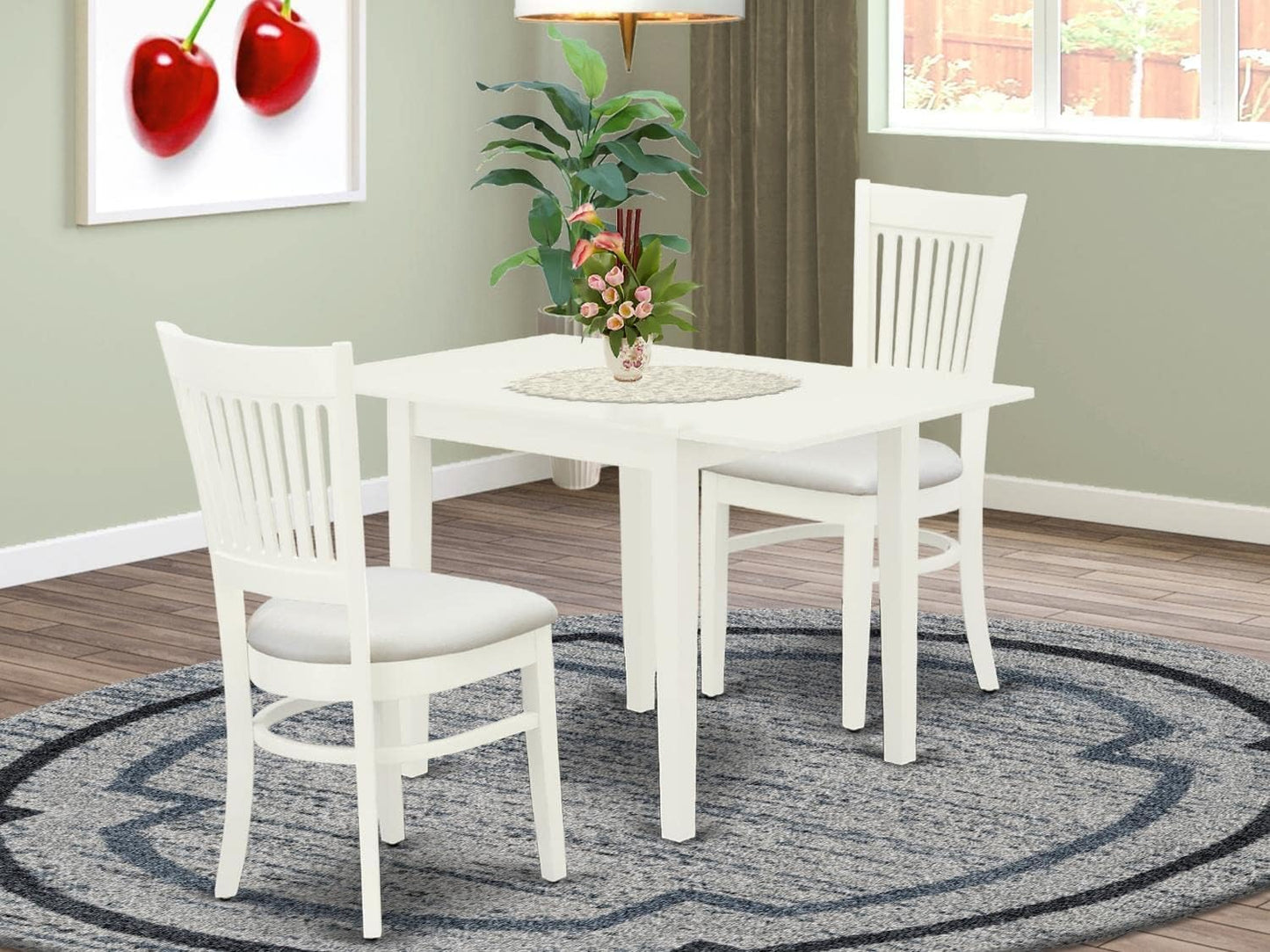 East West Furniture NDVA3-LWH-C 3 Piece Kitchen Table & Chairs Set Contains a Rectangle Dining Room Table with Dropleaf and 2 Linen Fabric Upholstered Chairs, 30x48 Inch, Linen White
