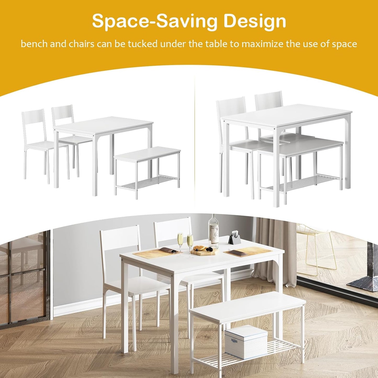 soges 4-Piece Dining Table Set with Bench - 4 Person Kitchen Table and 2 Chairs for Small Spaces, Apartment - Metal Frame & Woodgrain Tabletop, Space-Saving Design, Durable & Easy to Clean, White