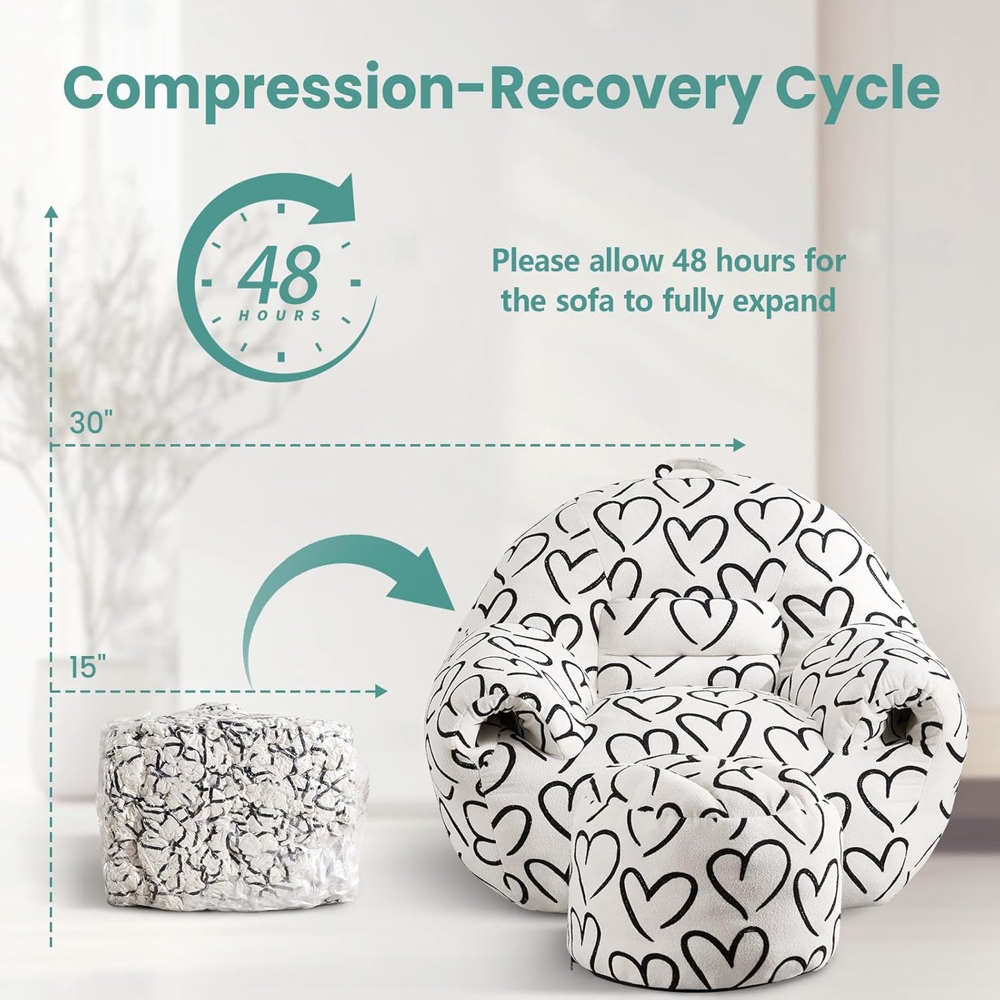 DAICO Bean Bag Chairs for Adults Comfy Accent Chair with Ottoman Floor Sofa Beanbag Couchs with Armrests White Single Lazy Sofa with Foam for Living Room Reading Bedroom Gaming (Cordate Pattern)