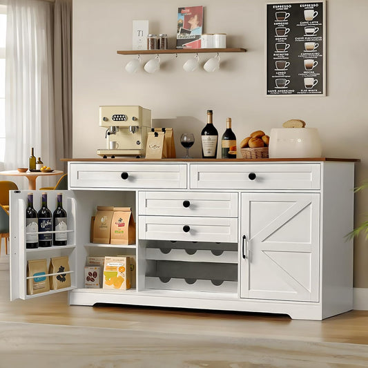 Modern Buffet Cabinet with 4 Drawers, 2 Doors & Adjustable Shelf, Large Sideboard Cabinet with Wine Rack, Kitchen Storage Cabinet for Kitchen, Living Room,Coffee Bar, White