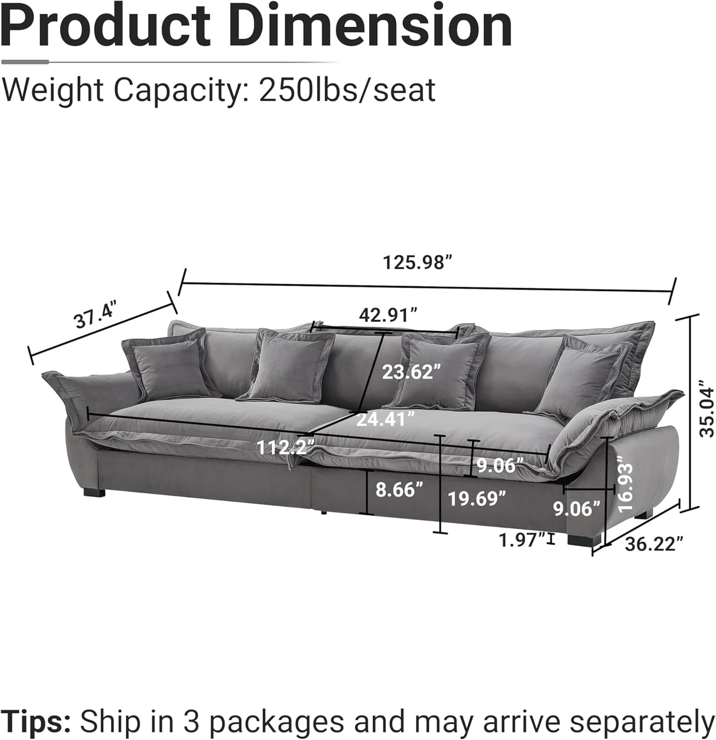126 Inch Sailing Design Modular Sectional Cloud Sofa with Storage, Modern Deep Seat Couch w/Throw Pillows & Removable Backrest for Living Room Bedroom Apartment,Grey