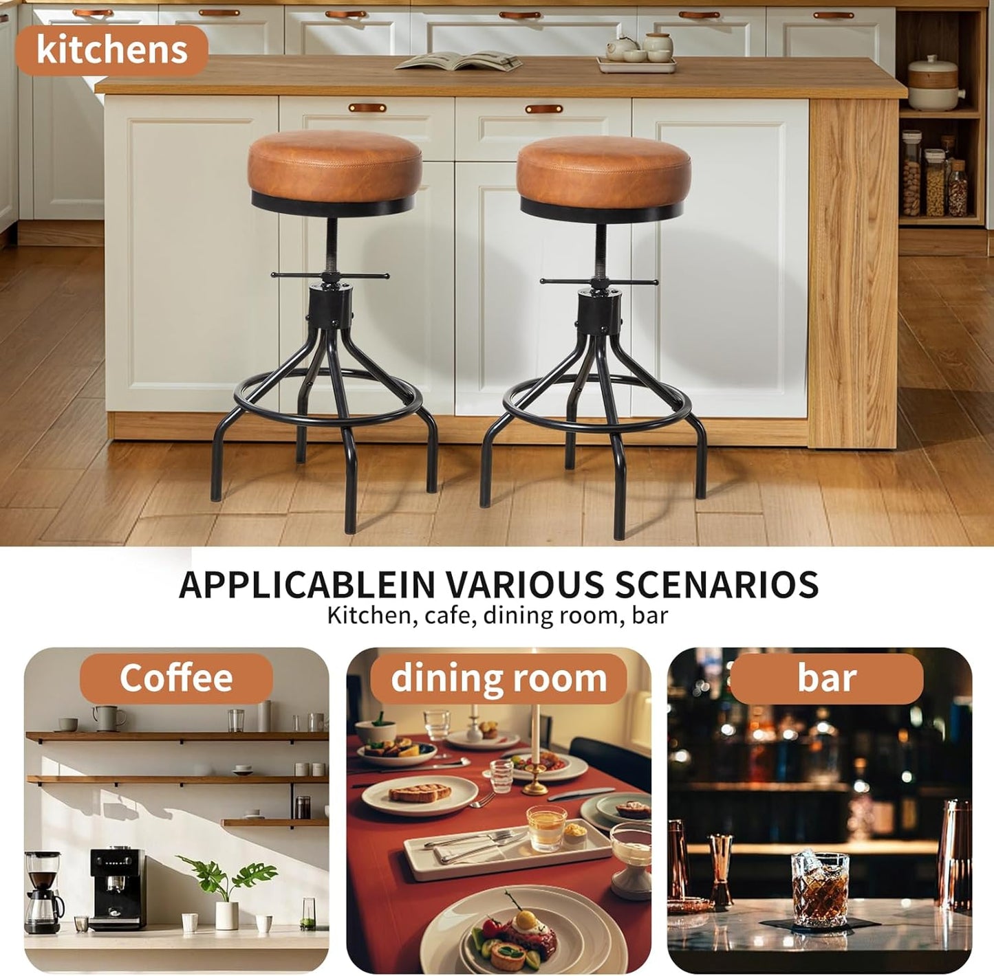 Industrial Bar Stools Set of 2 Adjustable Swivel Round Barstools Modern PU Leather 28inch Backless Counter Height Stool Metal Bar Chair for Kitchen Island (2, Brown)