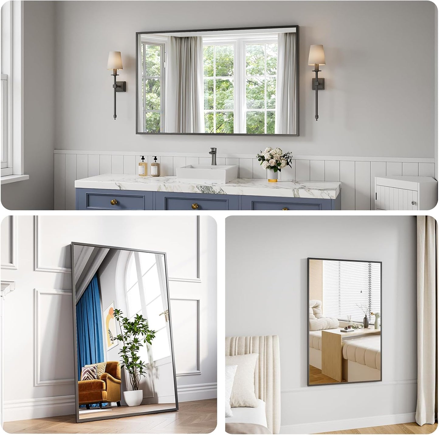 Bathroom Mirror 36x48 Black Bathroom Wall-Mounted Mirrors, Modern Vanity Mirror for Bedroom, Living Room, Aluminum Alloy Frame Allow to Hang Horizontally or Vertically