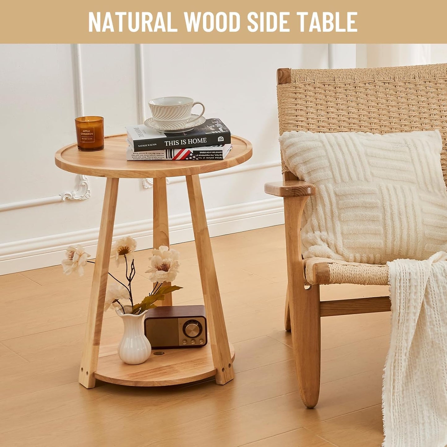 Uniclinens Round End Table, Solid Wood Round Side Coffee Table, Small Bedside Nightstand for Living Room Bedroom, Natural