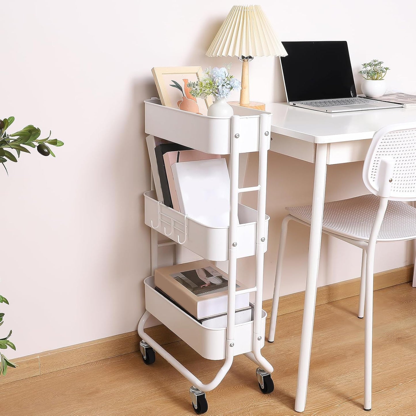 MAX Houser Slim 3-Tier Rolling Utility Cart, Narrow Metal Bathroom Storage Multifunctional Organizer Carts with Wheels with Extra Hook, Laundry Room,Kitchen,Small Space(White)