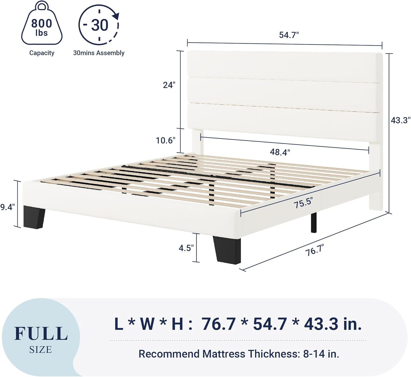 Allewie Full Size Platform Bed Frame with Velvet Upholstered Headboard and Wooden Slats Support, Fully Upholstered Mattress Foundation/No Box Spring Needed/Easy Assembly, White