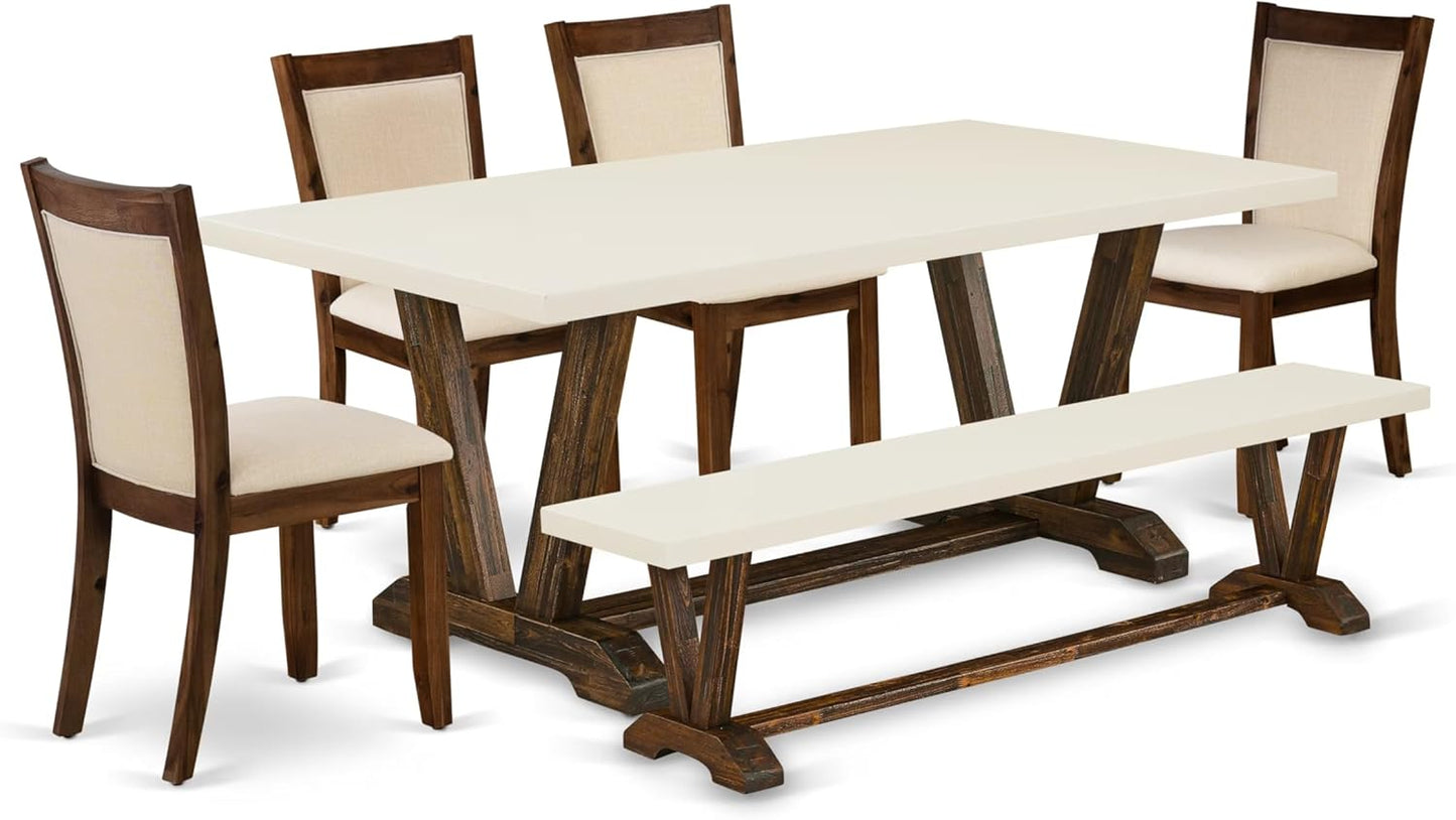 East West Furniture V727MZN32-6 6 Piece Dining Set Contains a Rectangle Dining Room Table with V-Legs and 4 Light Beige Linen Fabric Parson Chairs with a Bench, 40x72 Inch, Multi-Color