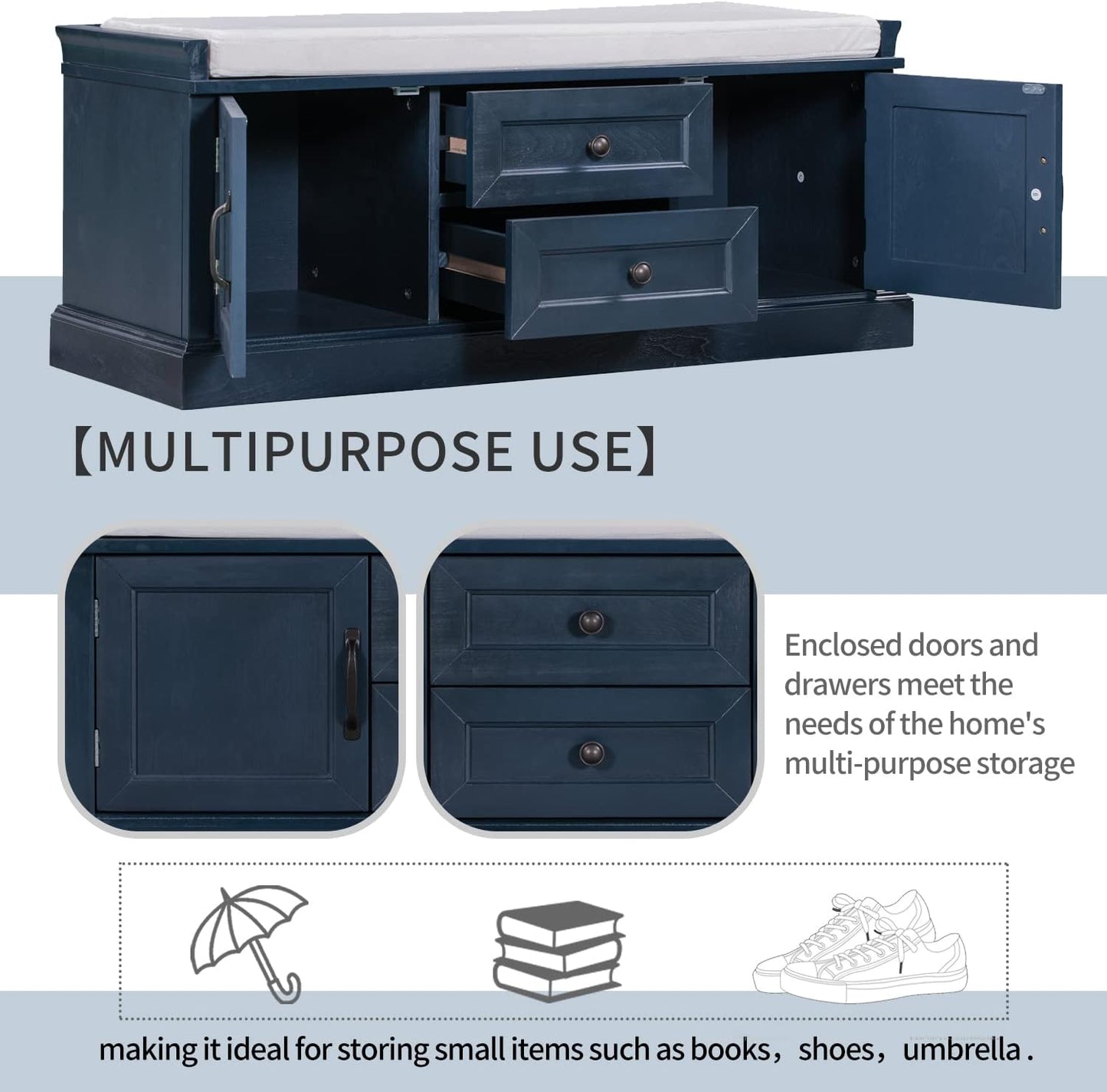 42″ Storage Bench with 2 Drawers and 2 Cabinets，Multipurpose Entryway Shoe Rack W/Removable Cushion，for Living Room Hallway Porch,Antique Navy