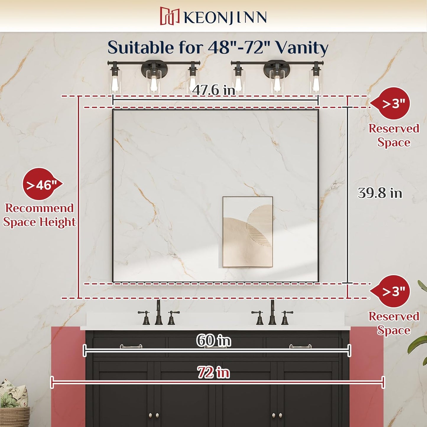 Keonjinn Gold Bathroom Mirrors 48” x 40” Rectangle Wall Vanity Mirror Large Metal Framed Brushed Gold Mirrors Square Corner Farmhouse Mirror for Over Sink(Horizontal/Vertical)