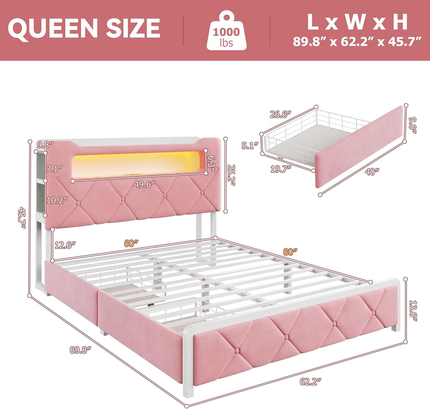 Queen Upholstered LED Bed Frame with 2 Storage Drawers and 2-Tier Storage Headboard,Velvet Princess Platform Bed with Charging Station & Bookcase,Heavy Duty Metal Support,No Box Spring Needed,Pink