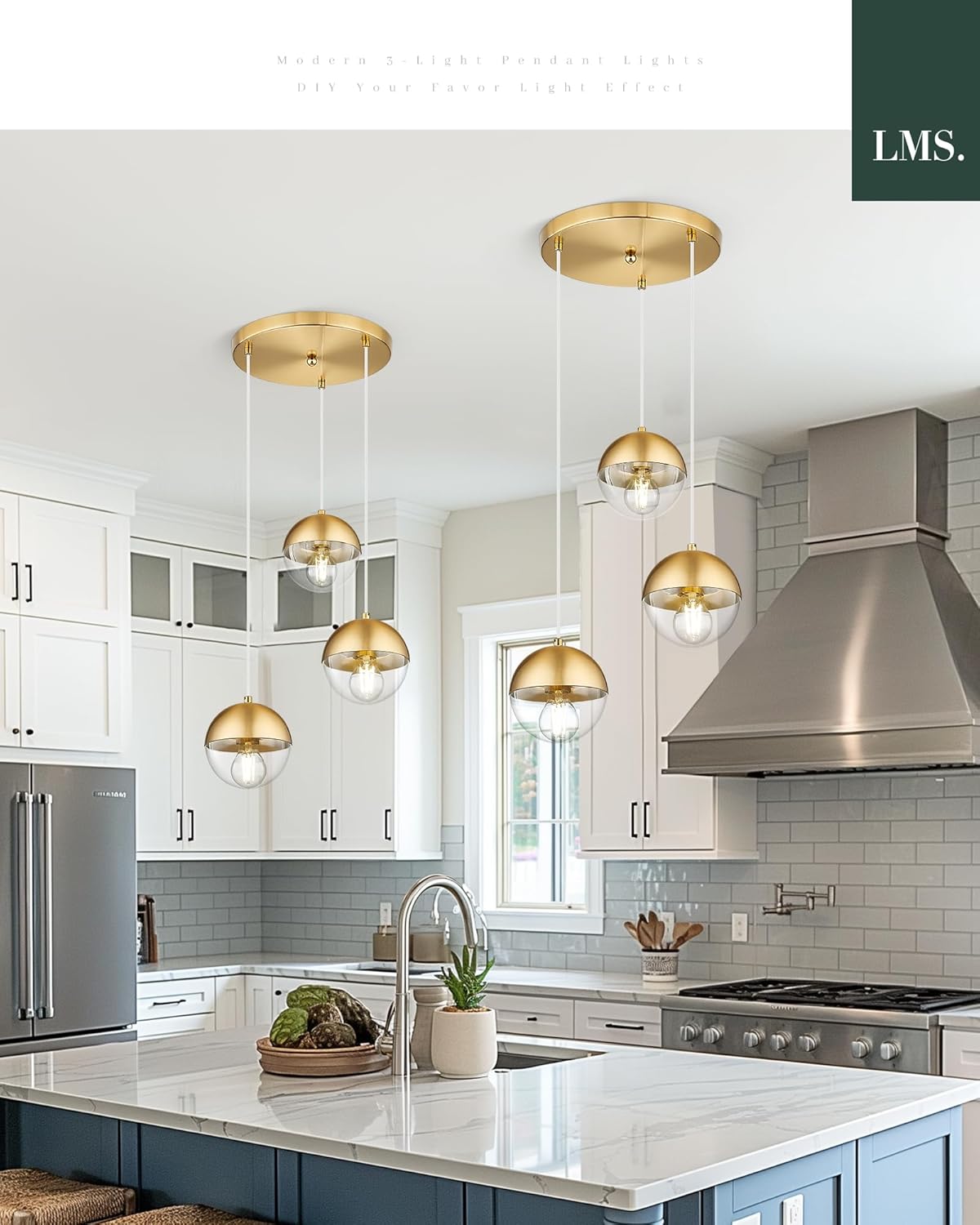 LMS Brushed Gold 3-Light Cluster Pendant Lights, Modern Dining Room Light Fixtures Over Table with Clear Globe Glass, Adjustable Hanging Cord Ceiling Light for Dining Room Kitchen Island, LMS-186BGC3