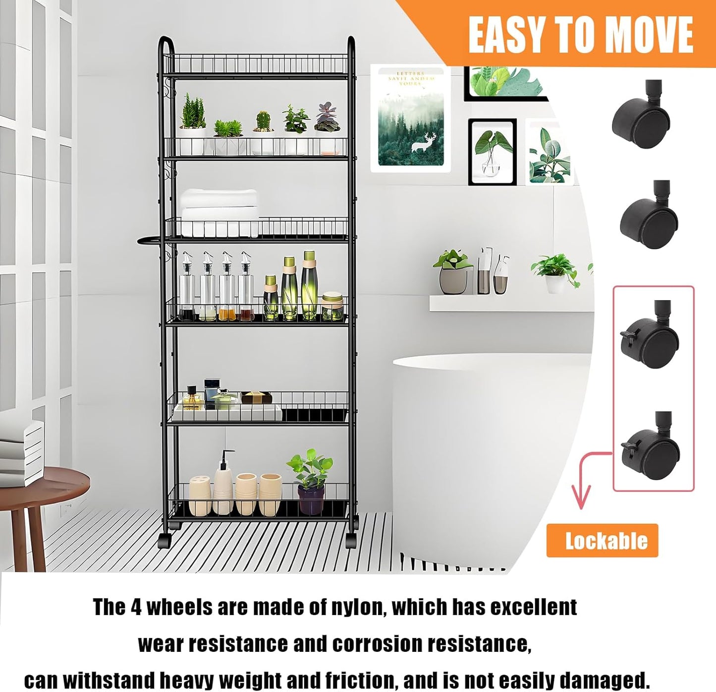 6 Tier 10in Slim Rolling Storage Cart with Handle, Mobile Shelving Unit with Wheels, Metal Wire Storage Rack with Baskets for Kitchen Bathroom Office Laundry Narrow Piaces