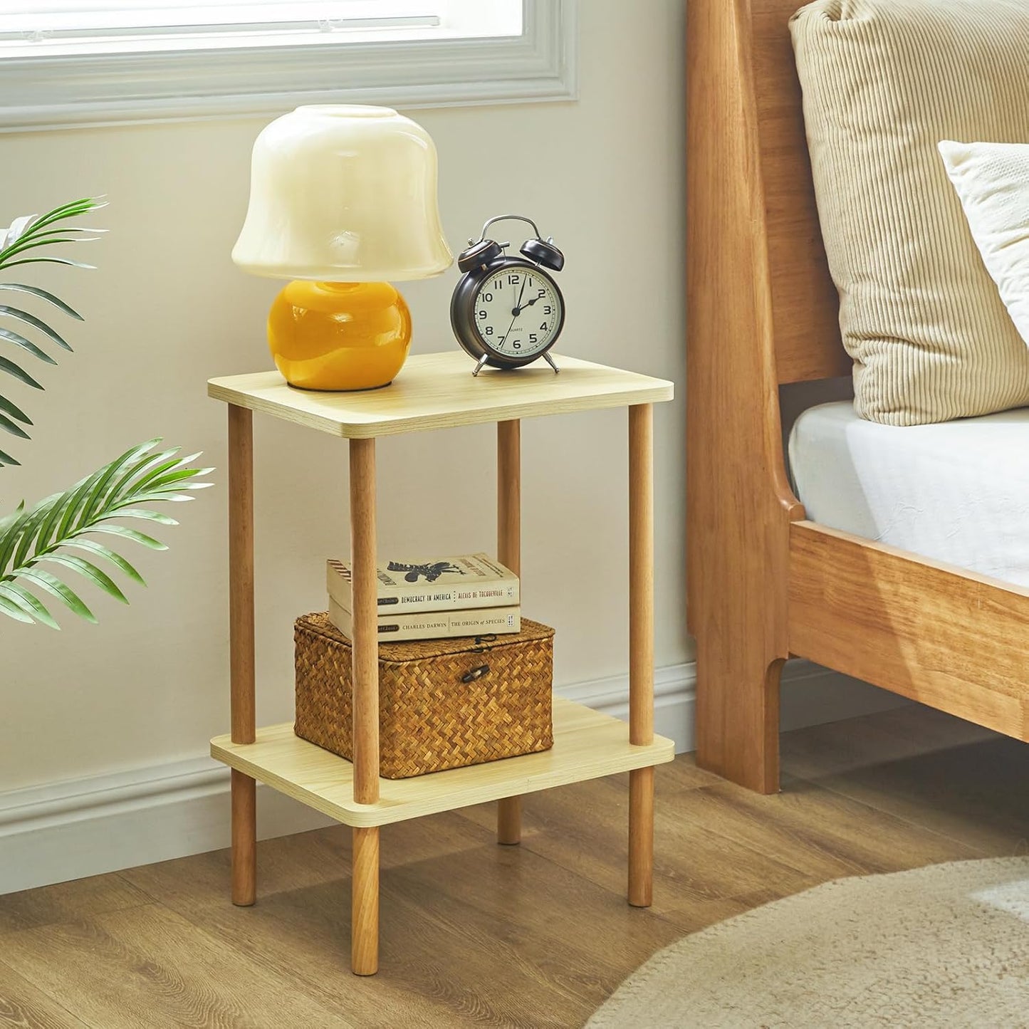 IBUYKE 2-Tier Side Table, Solid Wood Tall End Table with Storage Shelves, Nightstand Bedside Table for Living Room Bedroom Office, No-Tool Assembly, Light Natural UWST002S