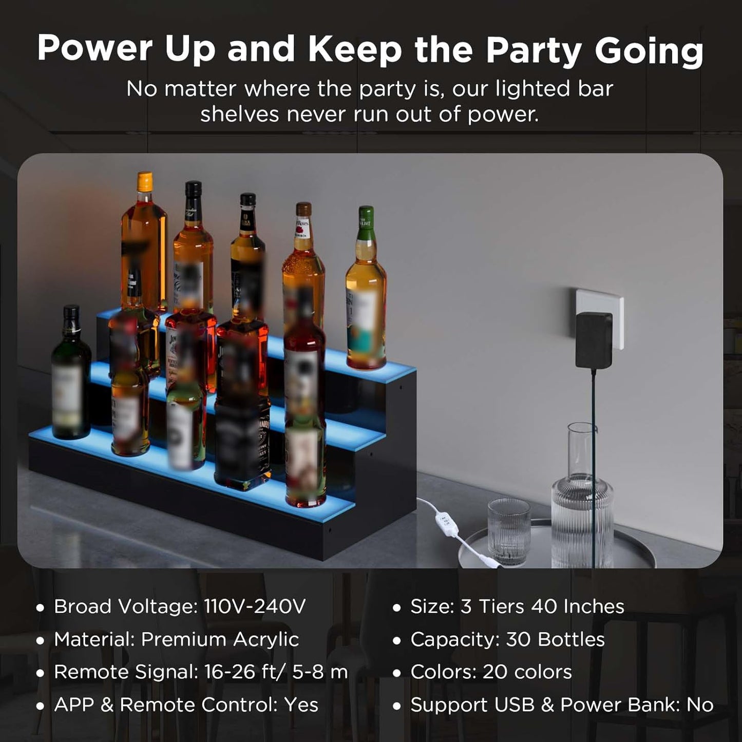 Dethan 3 Tier 48 Inch Liquor Bottle Display Shelf - Wine Racks with Multi-Color App & Remote Control, Adjustable Brightness & Sound Modes, Acrylic Bar Shelves for Commercial Clubs